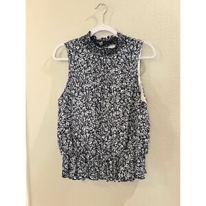 White Birch Women's Navy White Mock Neck Blouse Sleeveless Elastic Waist Size M
